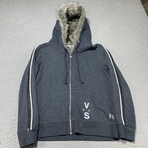 Victoria's Secret Grey Faux Fur Hood Lined Bling Zip Up Hoodie Jacket Small